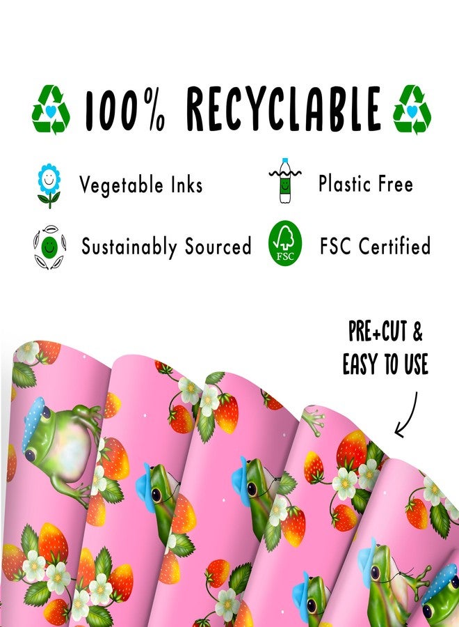 CENTRAL 23 - Pink Wrapping Paper - 6 Birthday Gift Wrap Sheets - For Women Girls Female - Frogs and Strawberries - Recyclable - Image 3